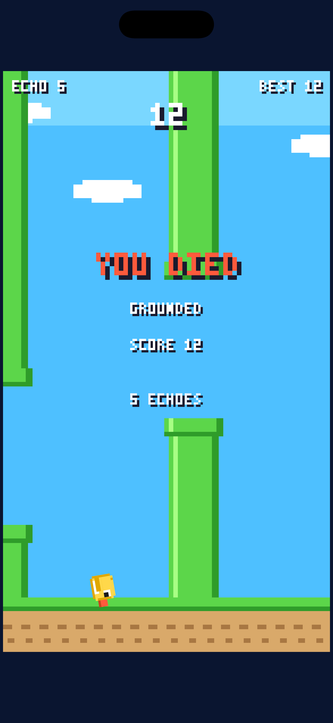 Game over screen showing the run score, best score, and banked echo count