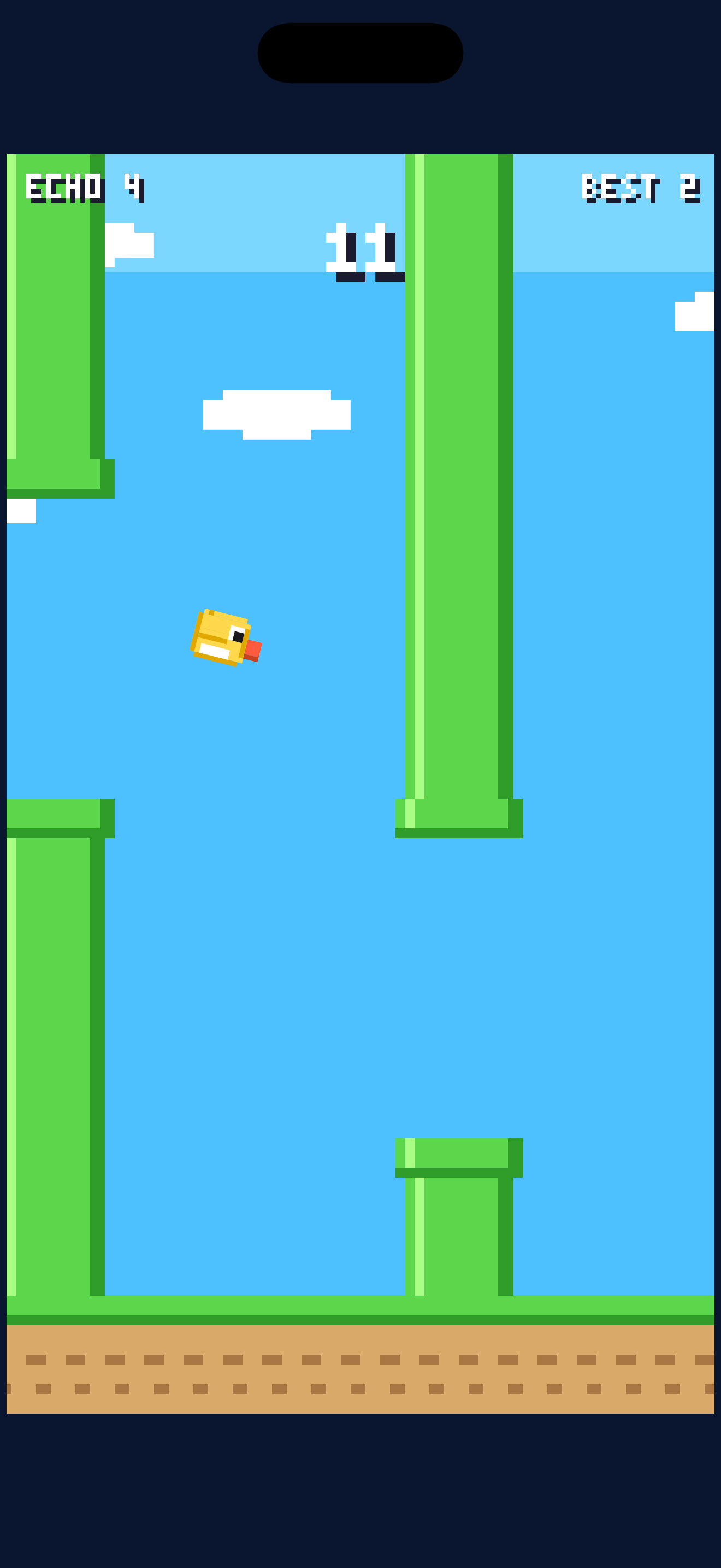 Flappy Echo gameplay, the bird threading a pipe gap mid-run